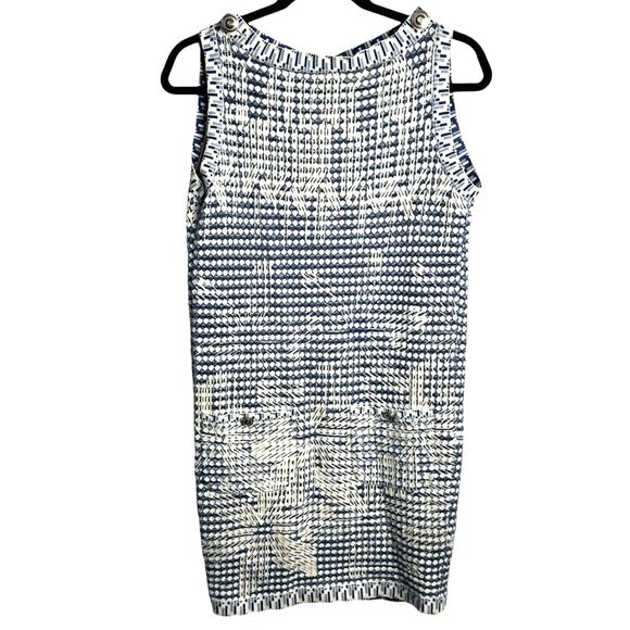 Chanel Knit Sleeveless Shift Dress Pockets Blue White FR 38 US 6 Boat Neck